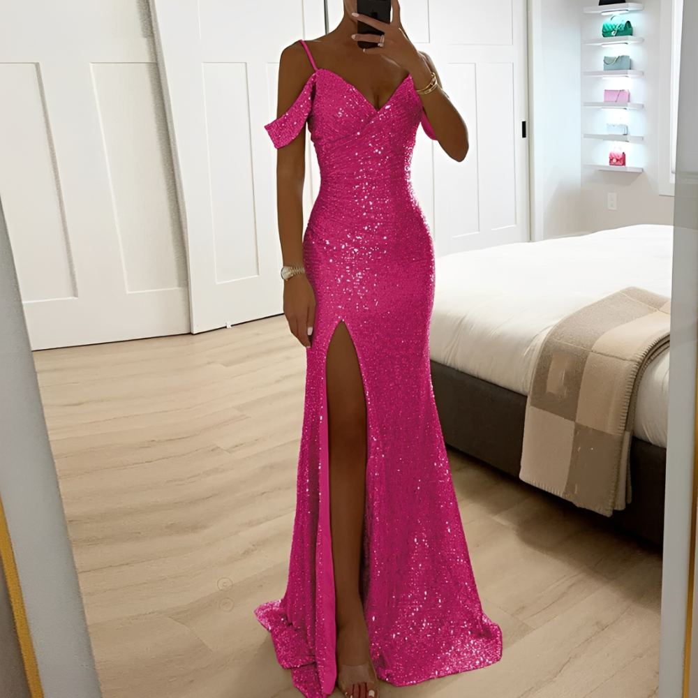 Lorena – Robe de soirée pour femmes ornée de paillettes, épaules nues et fente