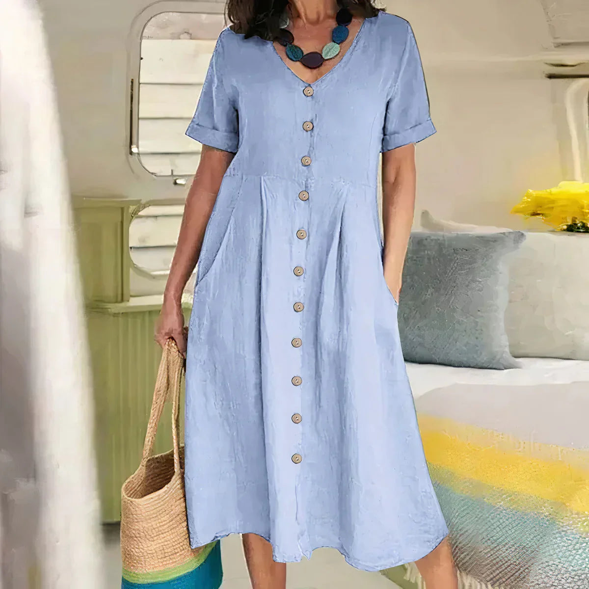 Quency - Robe d'Été Élégante en Lin pour Femmes Légère