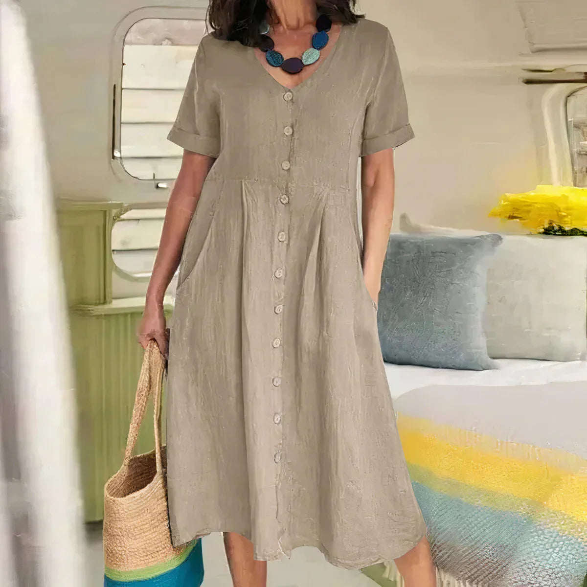 Quency - Robe d'Été Élégante en Lin pour Femmes Légère