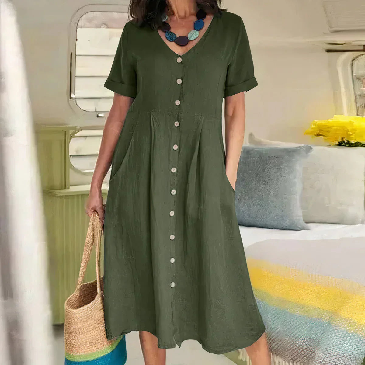 Quency - Robe d'Été Élégante en Lin pour Femmes Légère