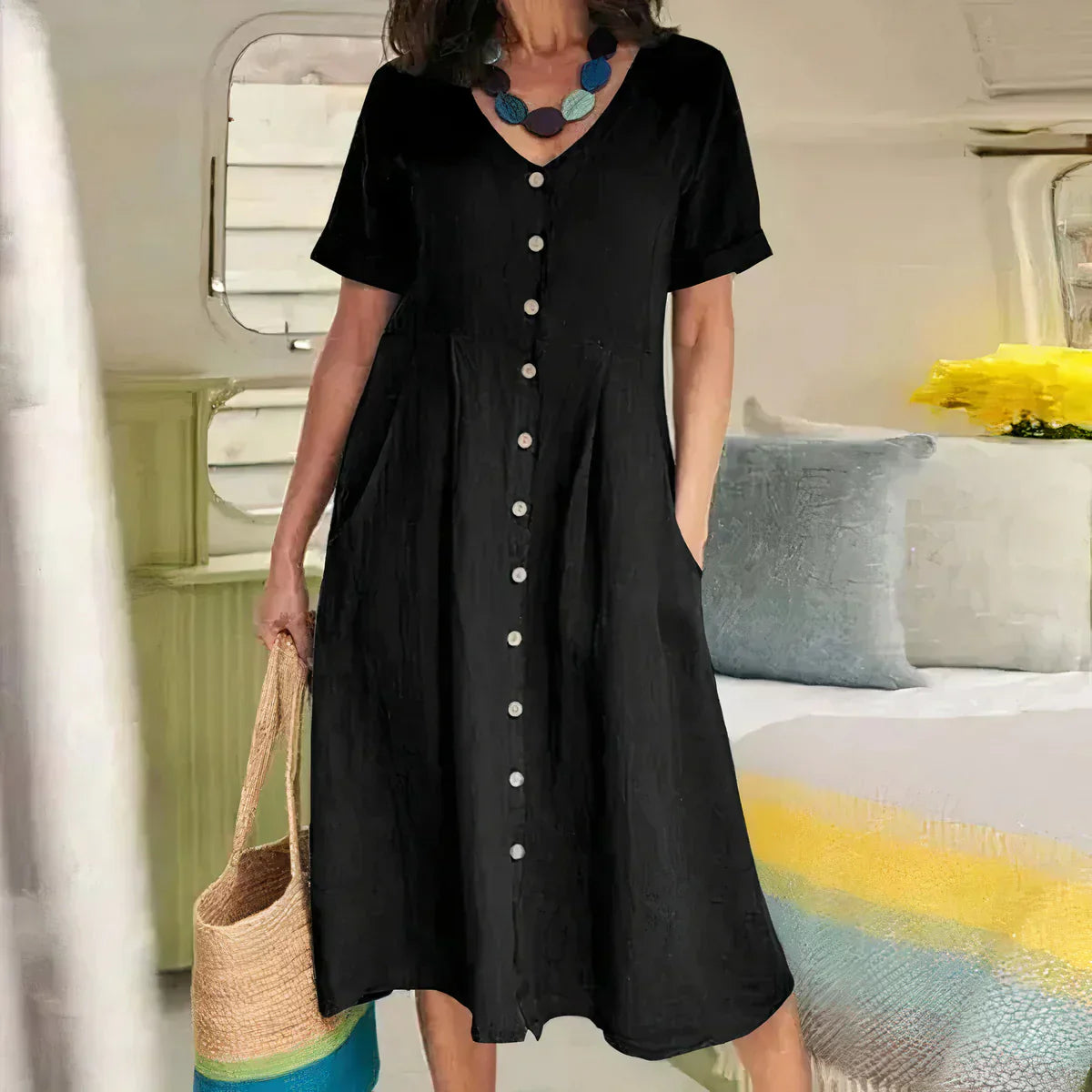 Quency - Robe d'Été Élégante en Lin pour Femmes Légère
