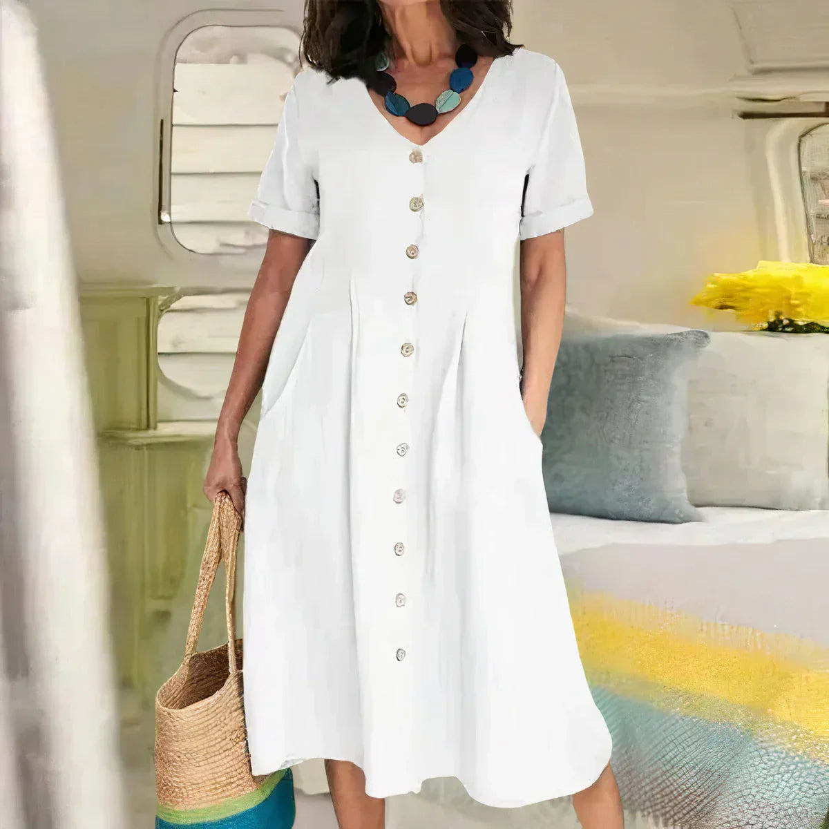 Quency - Robe d'Été Élégante en Lin pour Femmes Légère