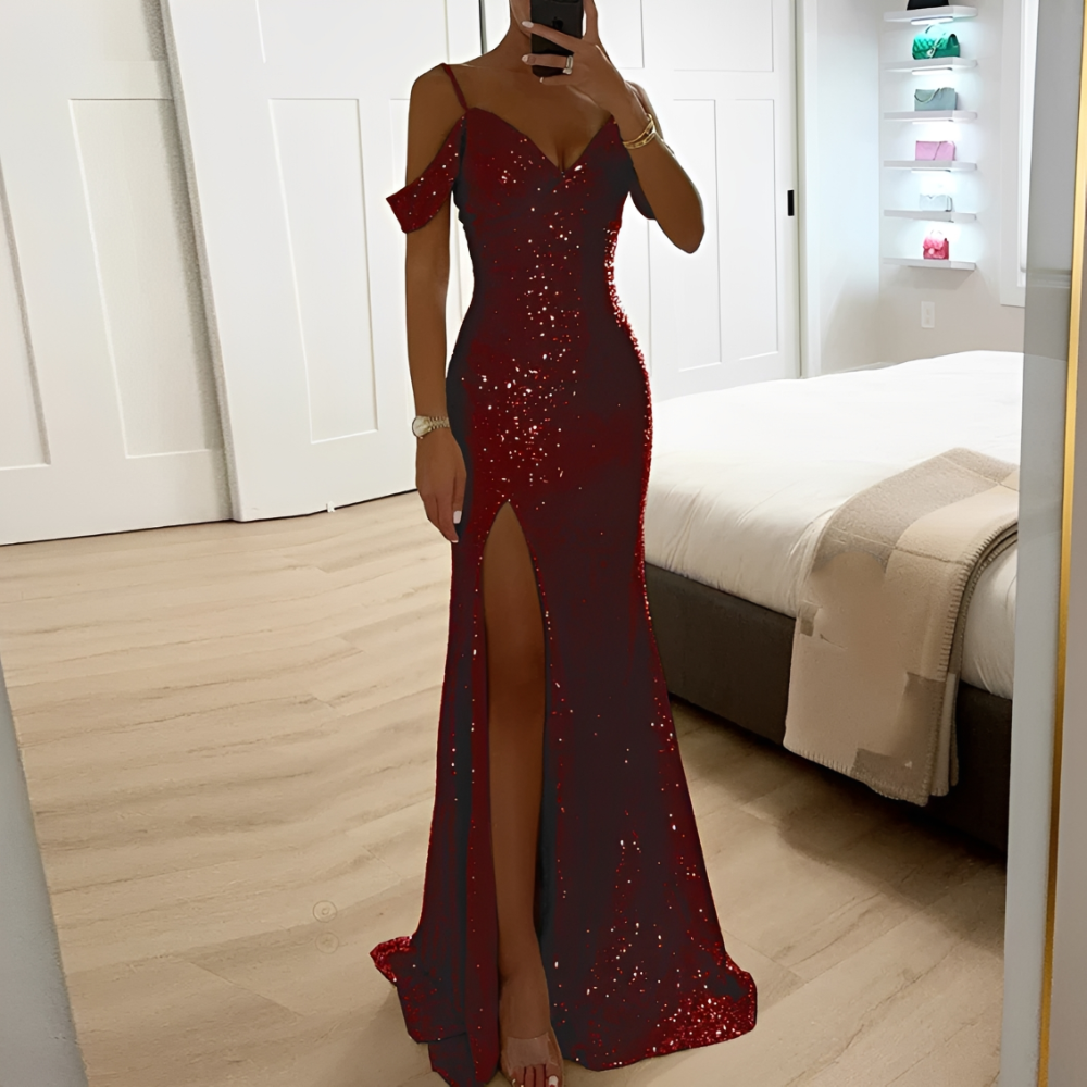 Lorena – Robe de soirée pour femmes ornée de paillettes, épaules nues et fente