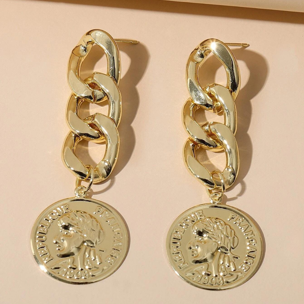 Boucles d'oreilles chaîne de pièces - Boucles d'oreilles dorées