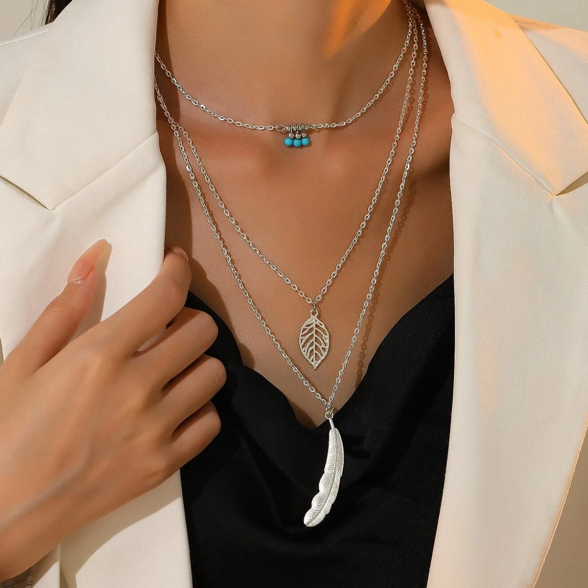 Pendentif en feuille et plume - Collier à 3 couches