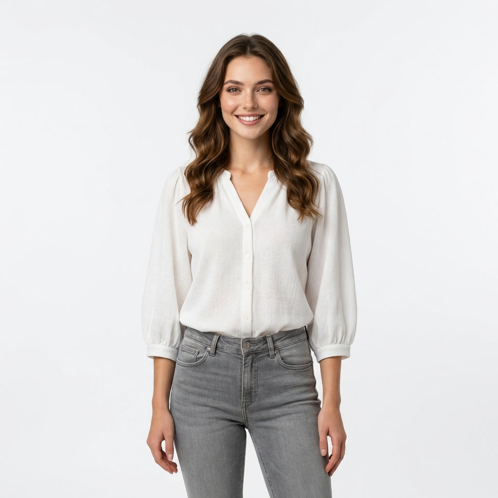 Blouse Boutonnée à Manches Longues - Blanc - Coton Mélangé - Femme