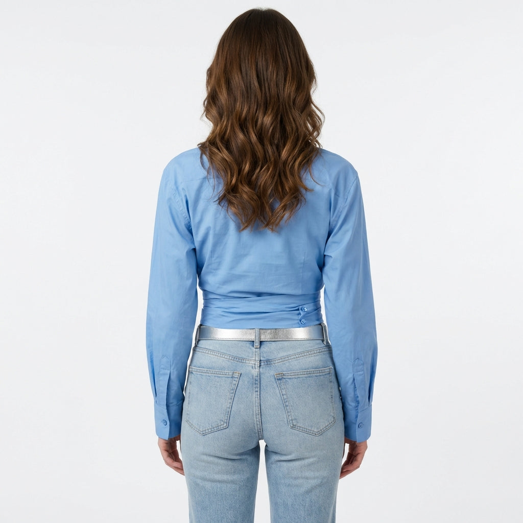 Chemisier Croisé à Manches Longues - Bleu - Coton Mélangé - Femme