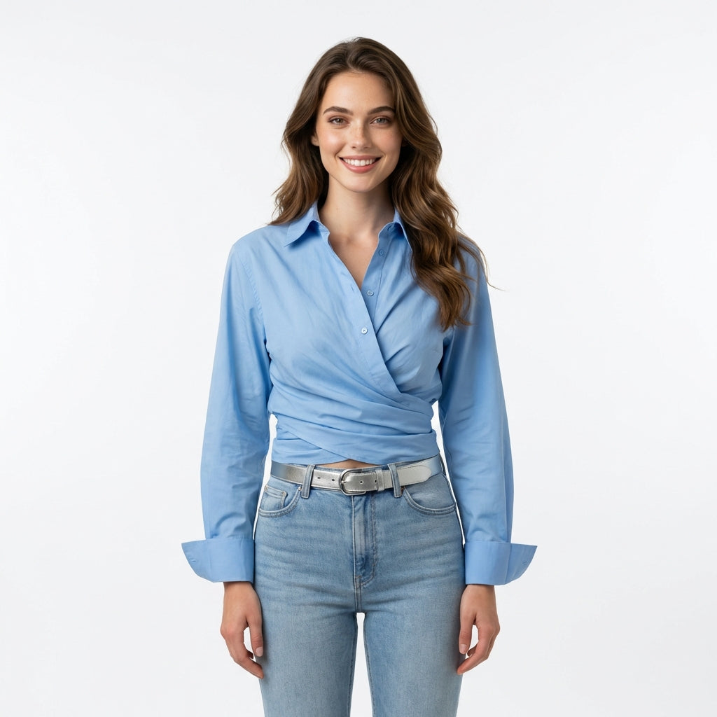 Chemisier Croisé à Manches Longues - Bleu - Coton Mélangé - Femme