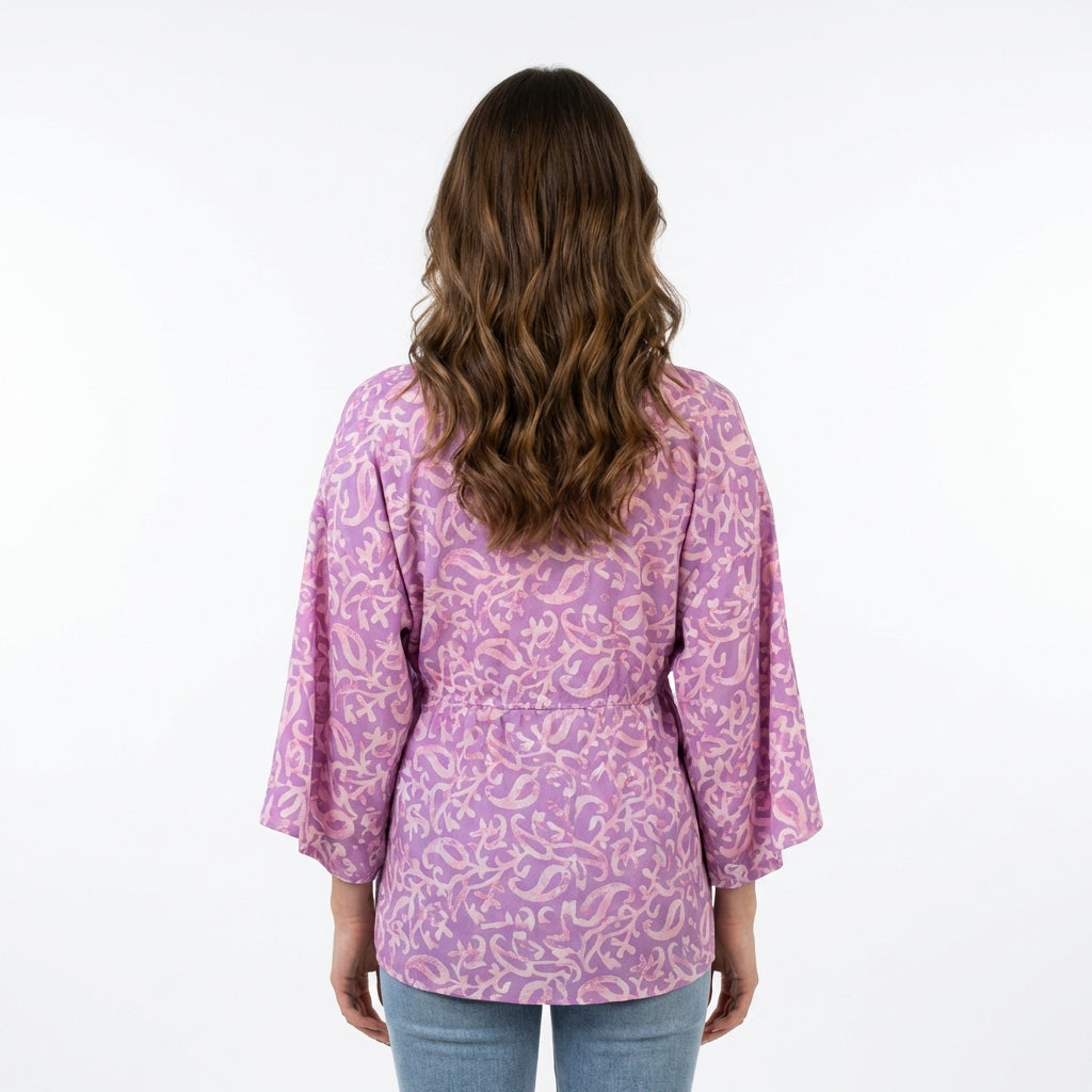Blouse Imprimée à Col V - Rose - Mélange de Polyester - Femme