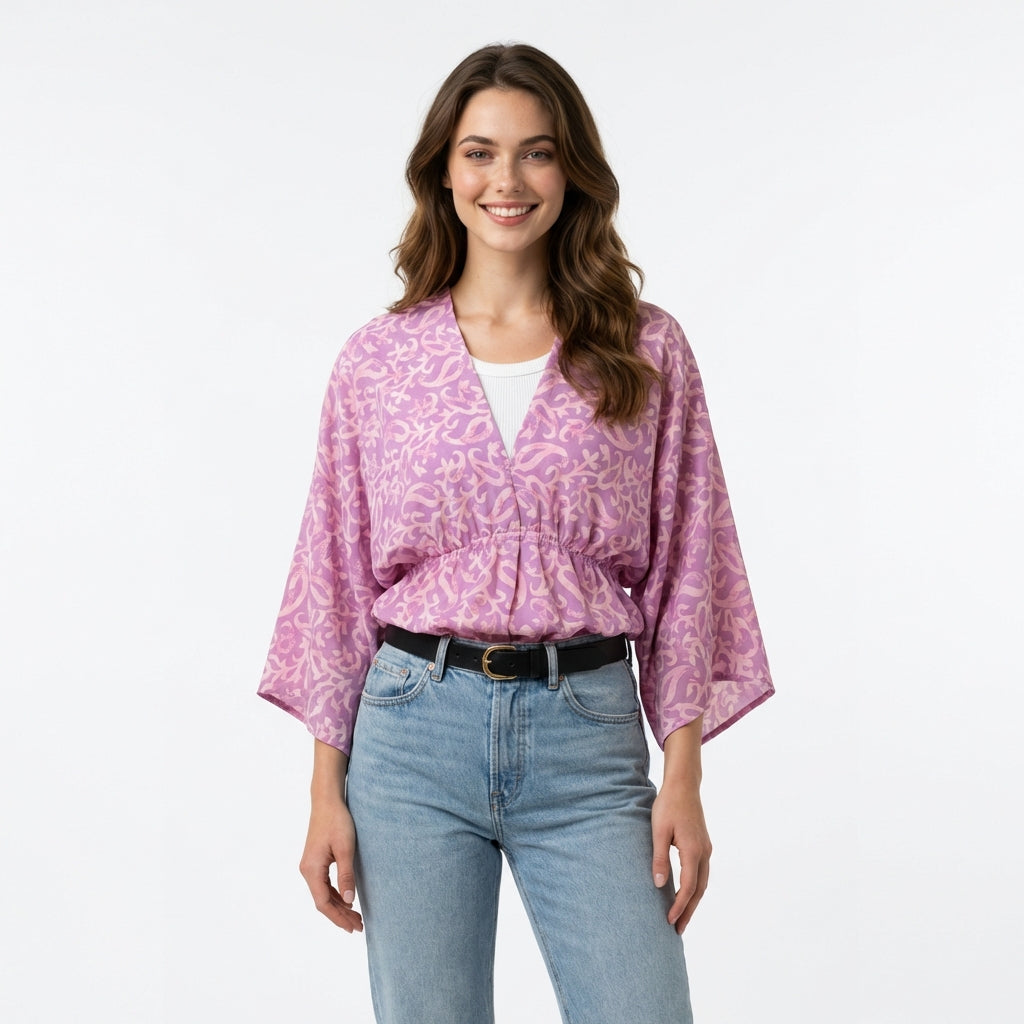 Blouse Imprimée à Col V - Rose - Mélange de Polyester - Femme