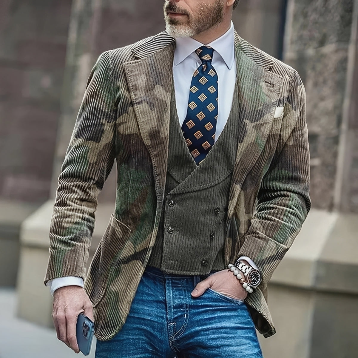 Blazer homme à motif camouflage à boutonnière simple - coupe ajustée