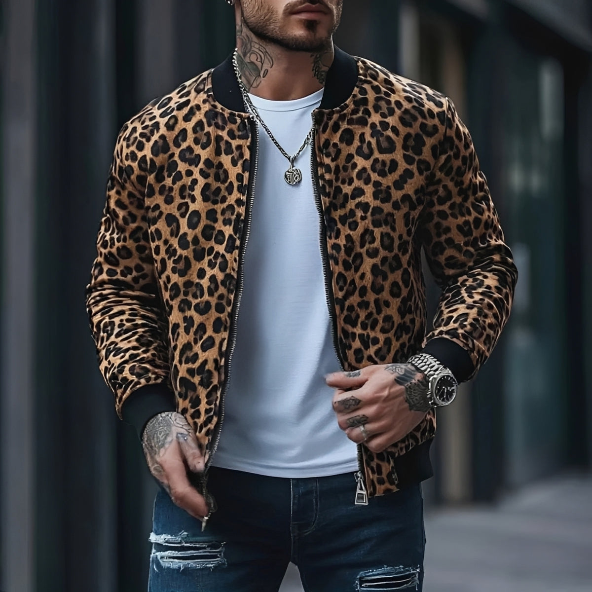 Blouson bomber homme à motif léopard coupe régulière fermeture éclair