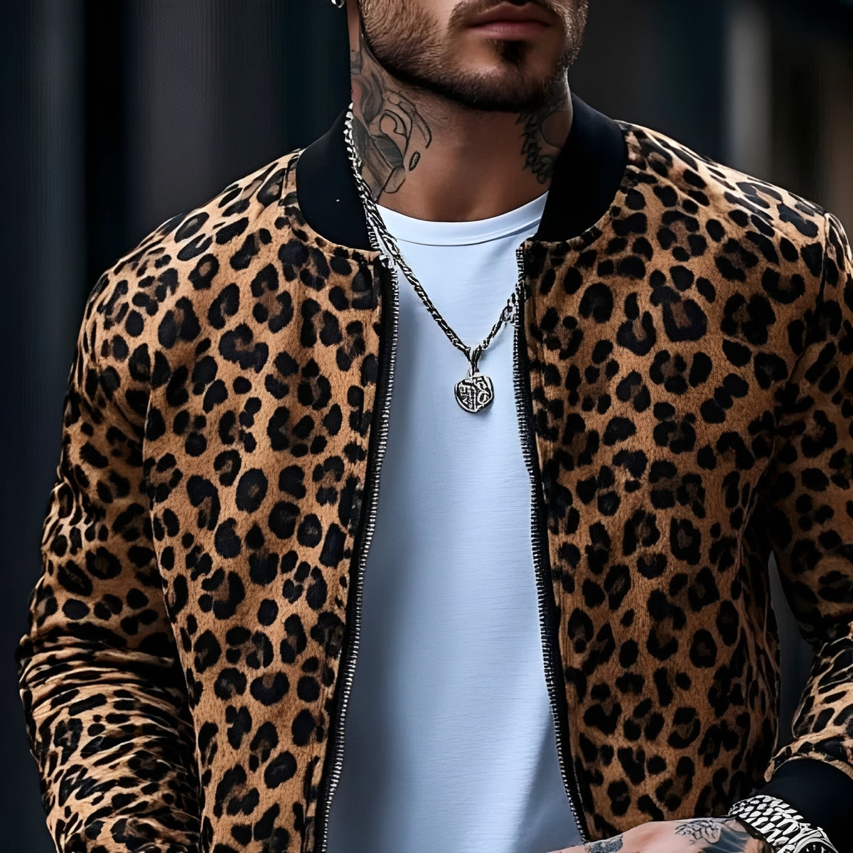 Blouson bomber homme à motif léopard coupe régulière fermeture éclair