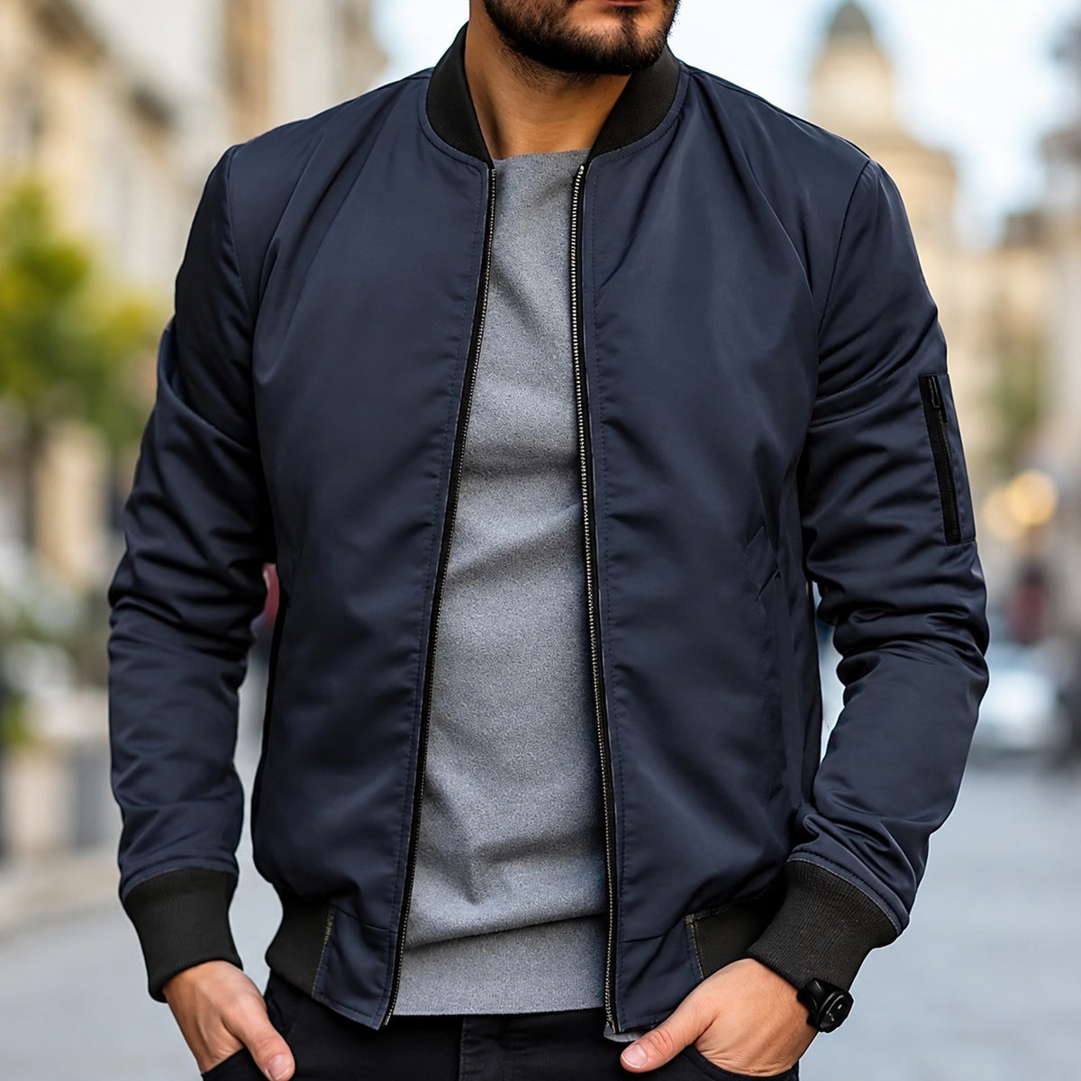 Blouson homme coupe classique avec poignets côtelés et fermeture éclair