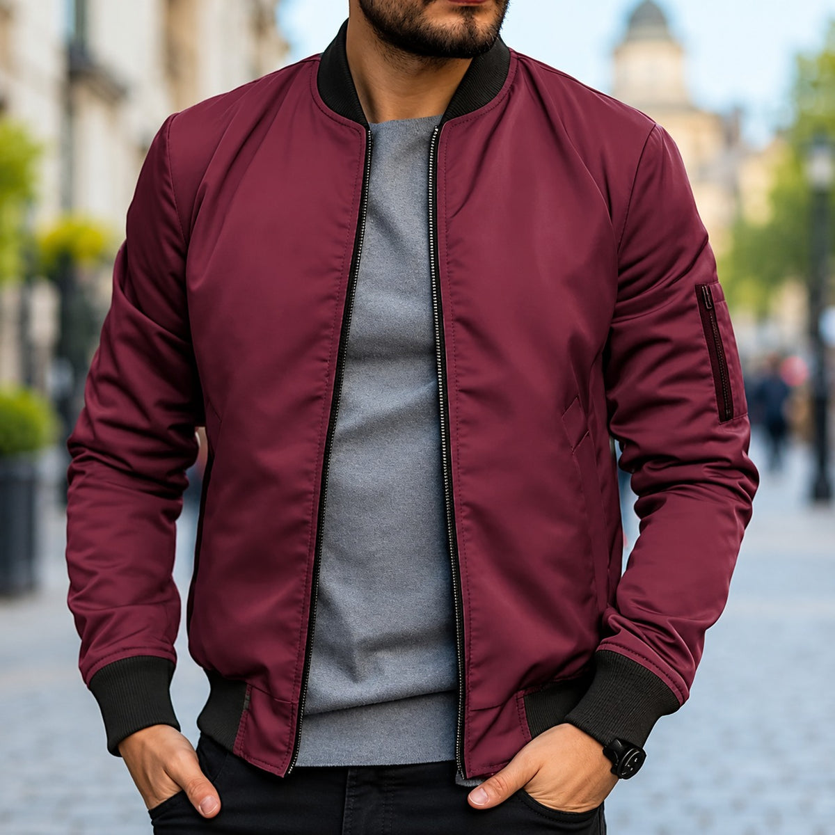 Blouson homme coupe classique avec poignets côtelés et fermeture éclair