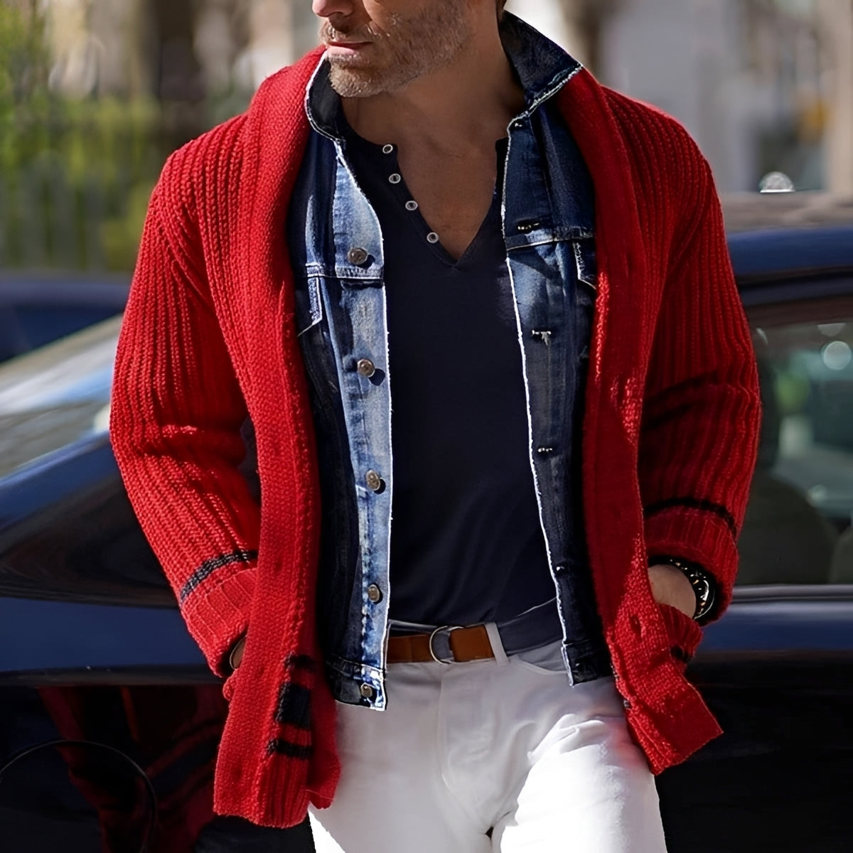 Cardigan homme à col châle, à boutonnière simple, coupe ajustée, avec poches doubles