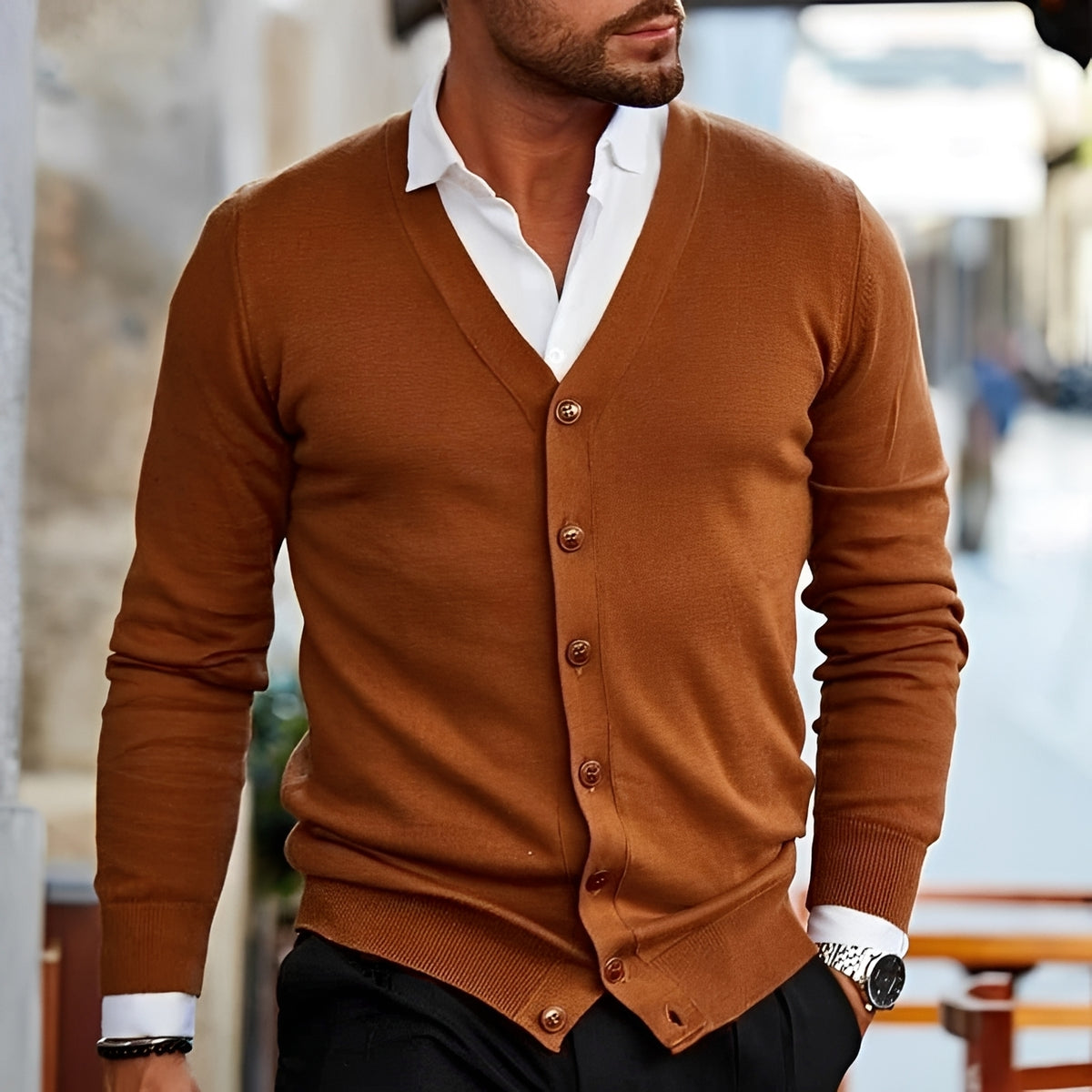 Cardigan homme à col V boutonné coupe décontractée