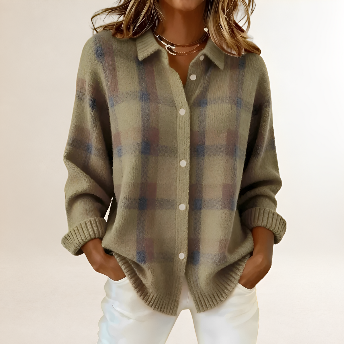 Cardigan tendance pour femmes - Motif à carreaux, boutons et coupe décontractée