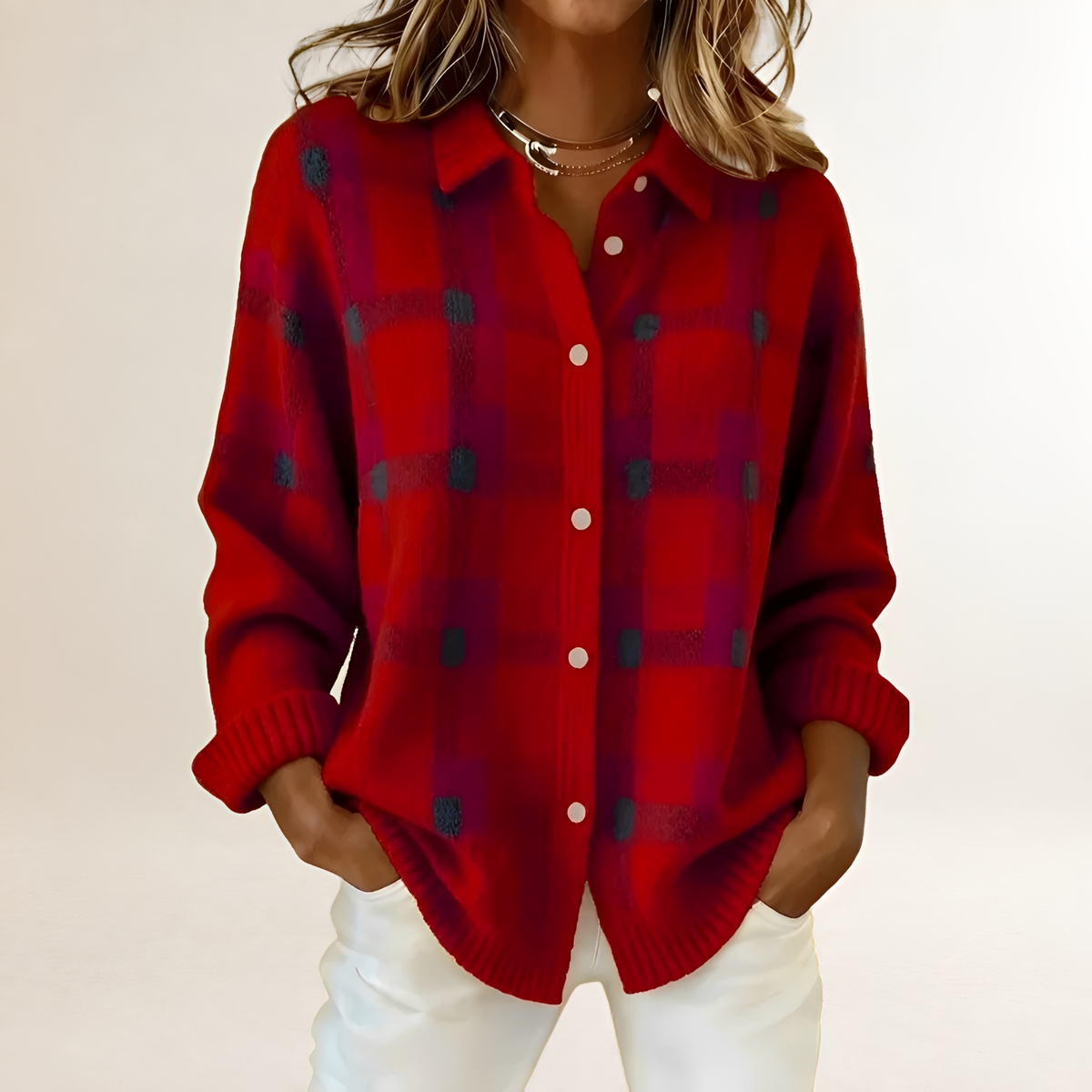 Cardigan tendance pour femmes - Motif à carreaux, boutons et coupe décontractée