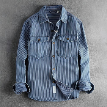 Chemise homme à rayures, manches longues, fermeture bouton, deux poches poitrine