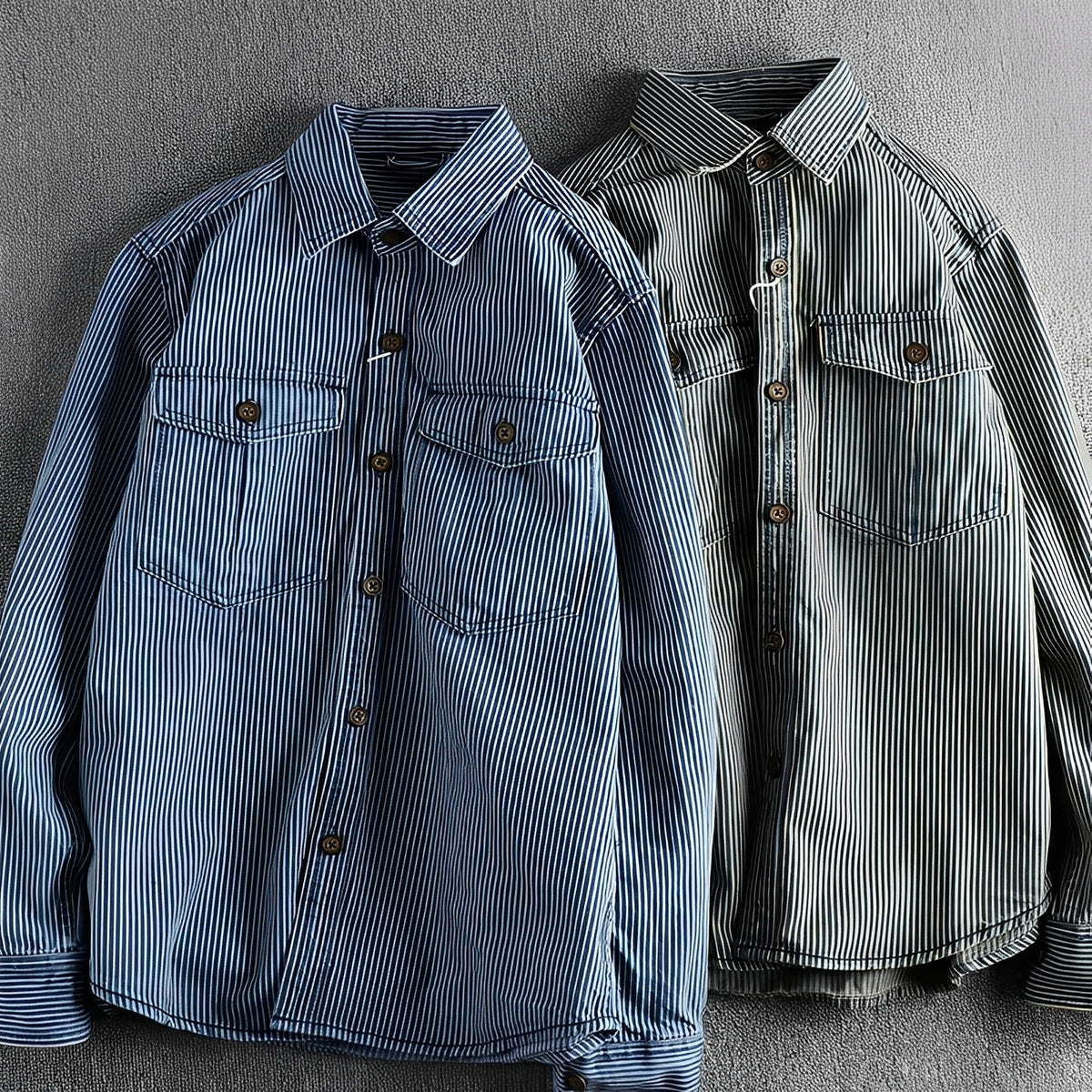 Chemise homme à rayures, manches longues, fermeture bouton, deux poches poitrine