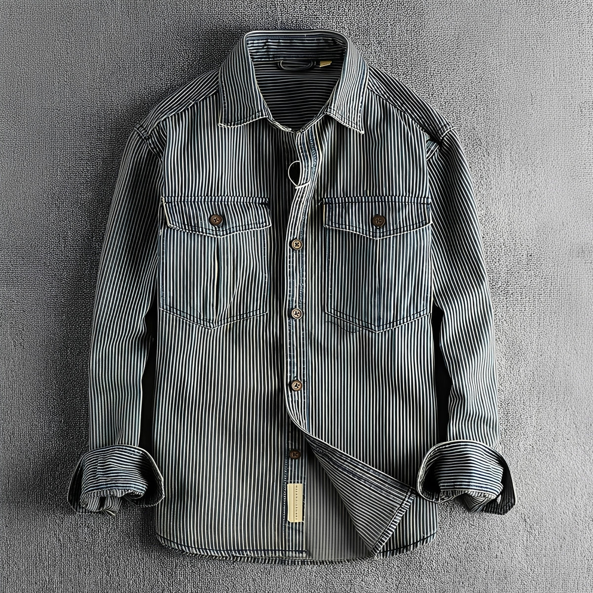 Chemise homme à rayures, manches longues, fermeture bouton, deux poches poitrine