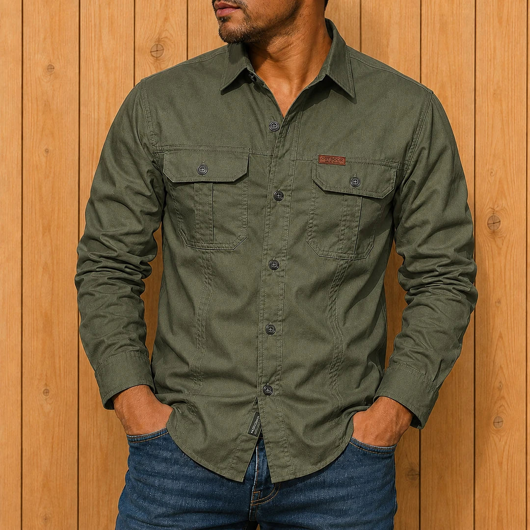 Chemise homme utilitaire à manches longues poches poitrine à boutons coupe régulière