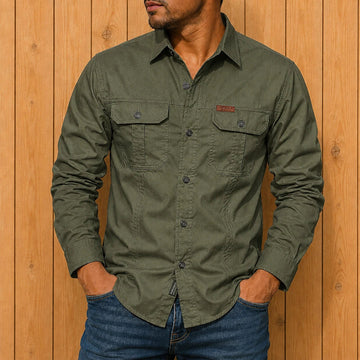 Chemise homme utilitaire à manches longues poches poitrine à boutons coupe régulière