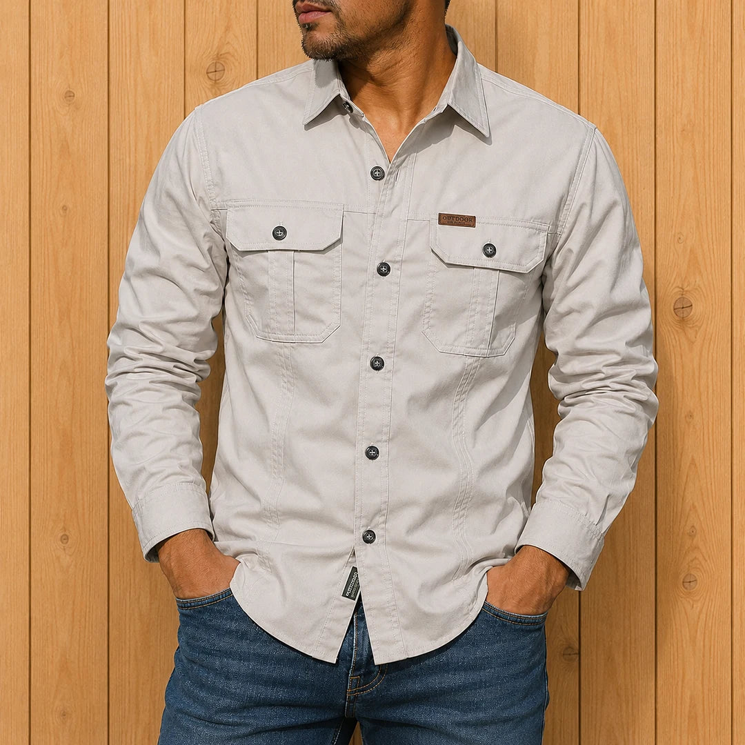 Chemise homme utilitaire à manches longues poches poitrine à boutons coupe régulière