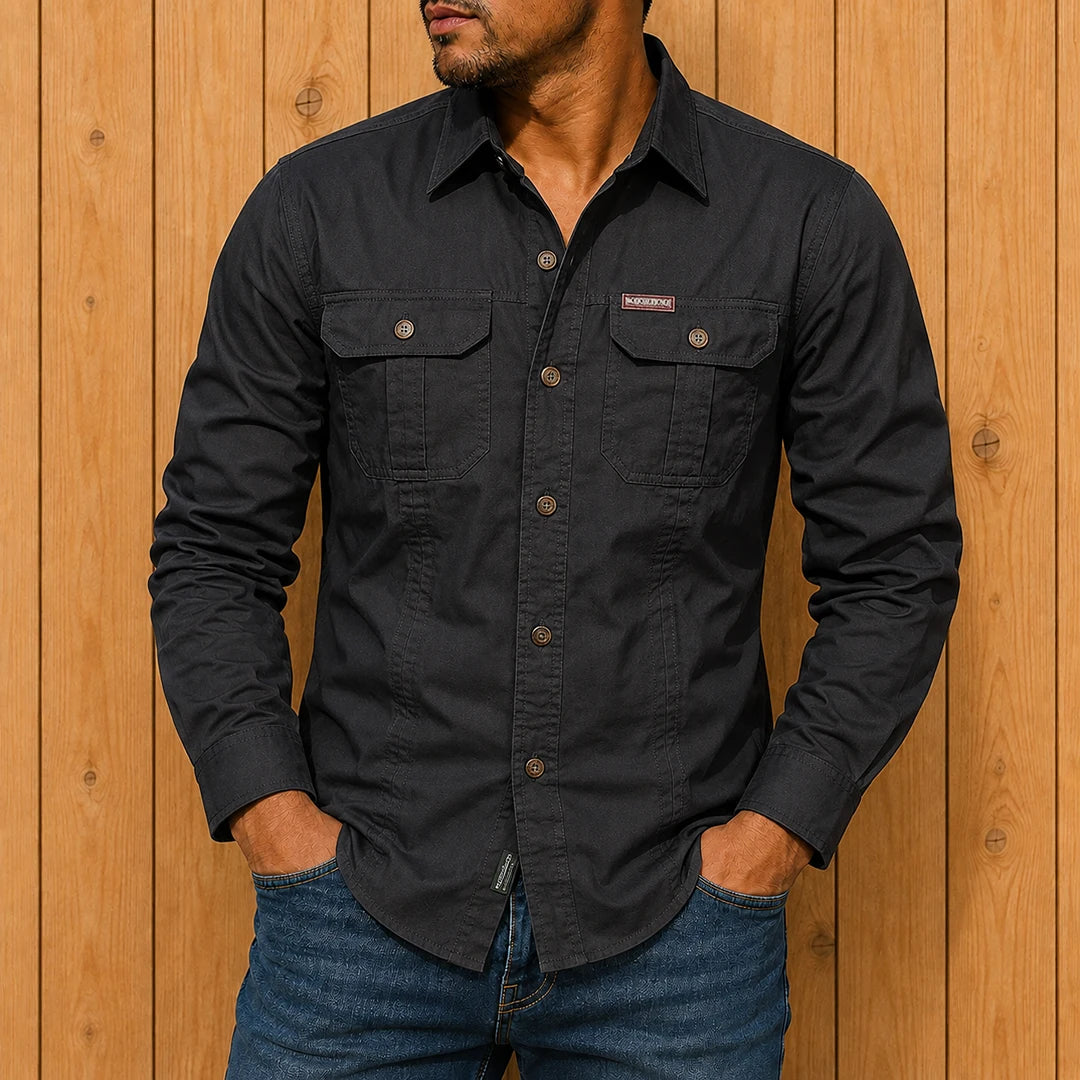 Chemise homme utilitaire à manches longues poches poitrine à boutons coupe régulière