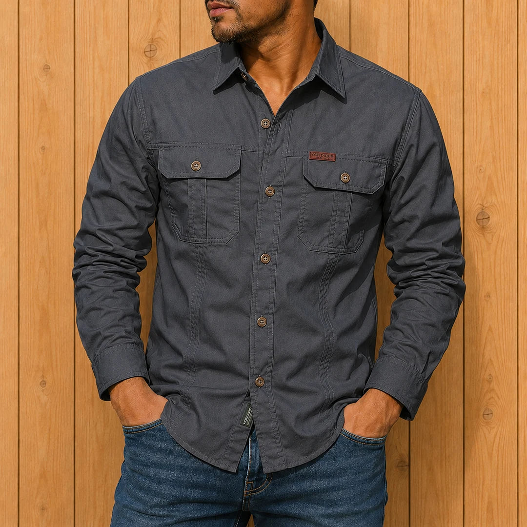 Chemise homme utilitaire à manches longues poches poitrine à boutons coupe régulière