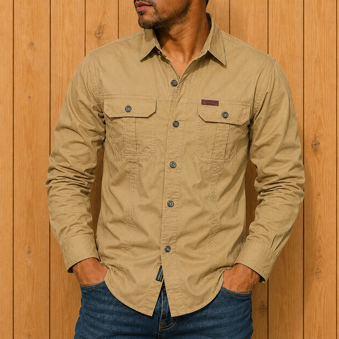 Chemise homme utilitaire à manches longues poches poitrine à boutons coupe régulière
