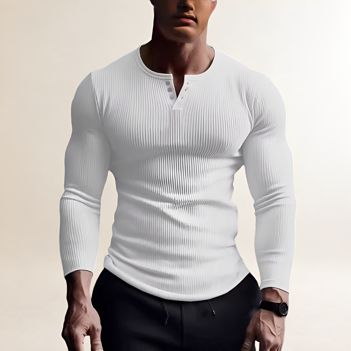 Chemise à manches longues pour homme à col rond et placket boutonnée, coupe slim, texture côtelée