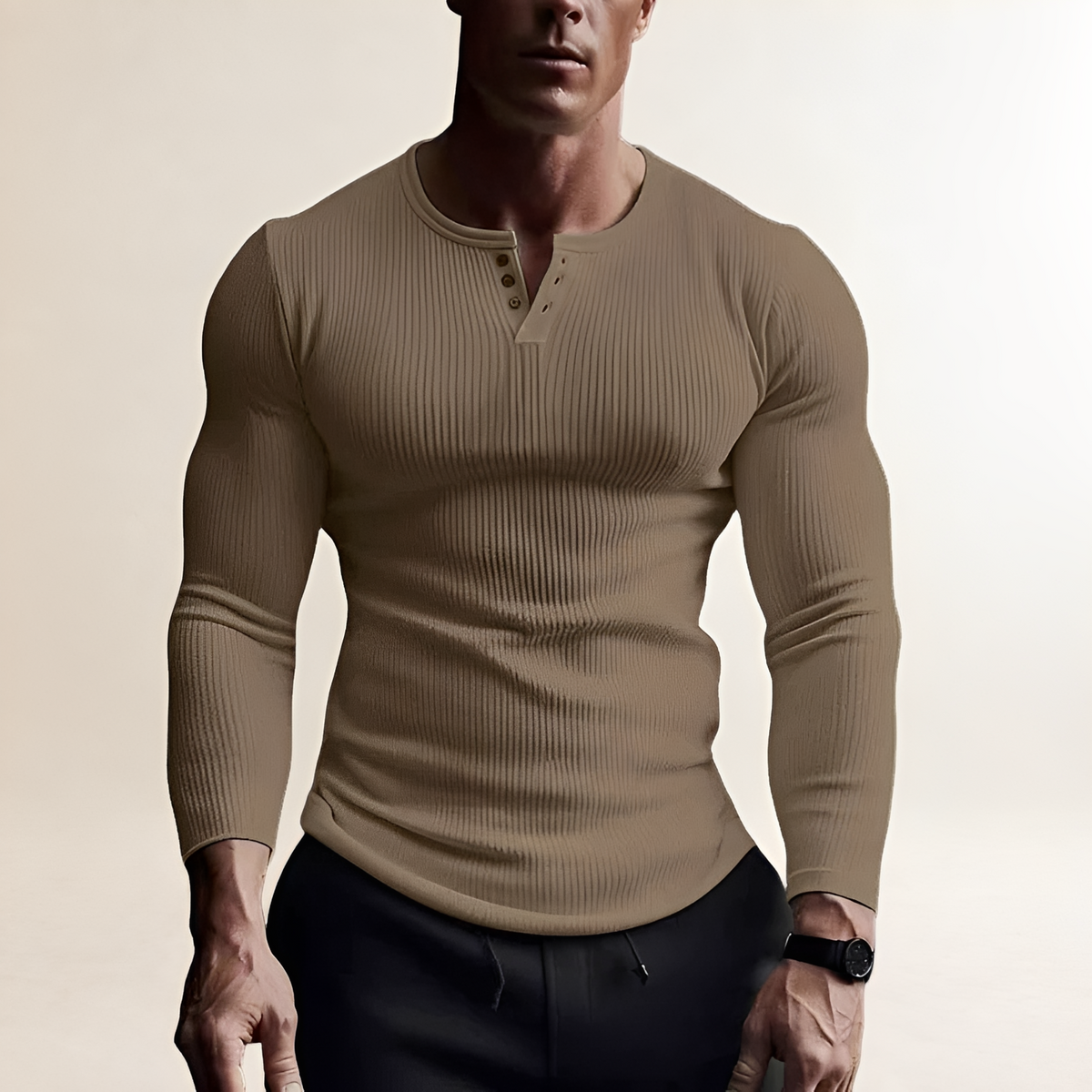 Chemise à manches longues pour homme à col rond et placket boutonnée, coupe slim, texture côtelée