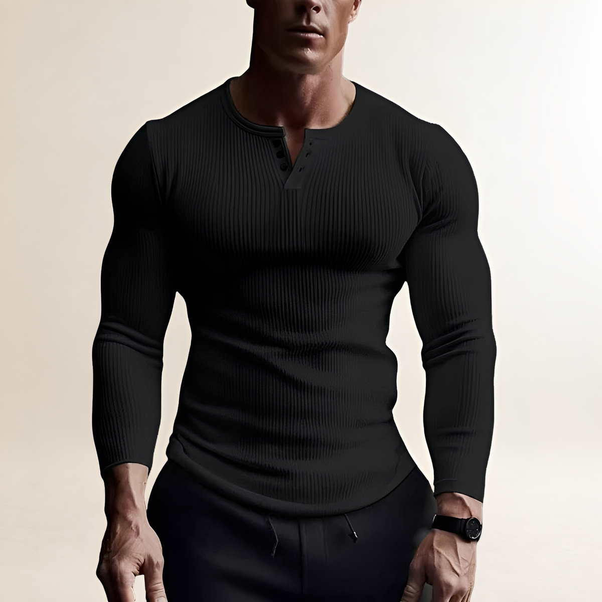 Chemise à manches longues pour homme à col rond et placket boutonnée, coupe slim, texture côtelée