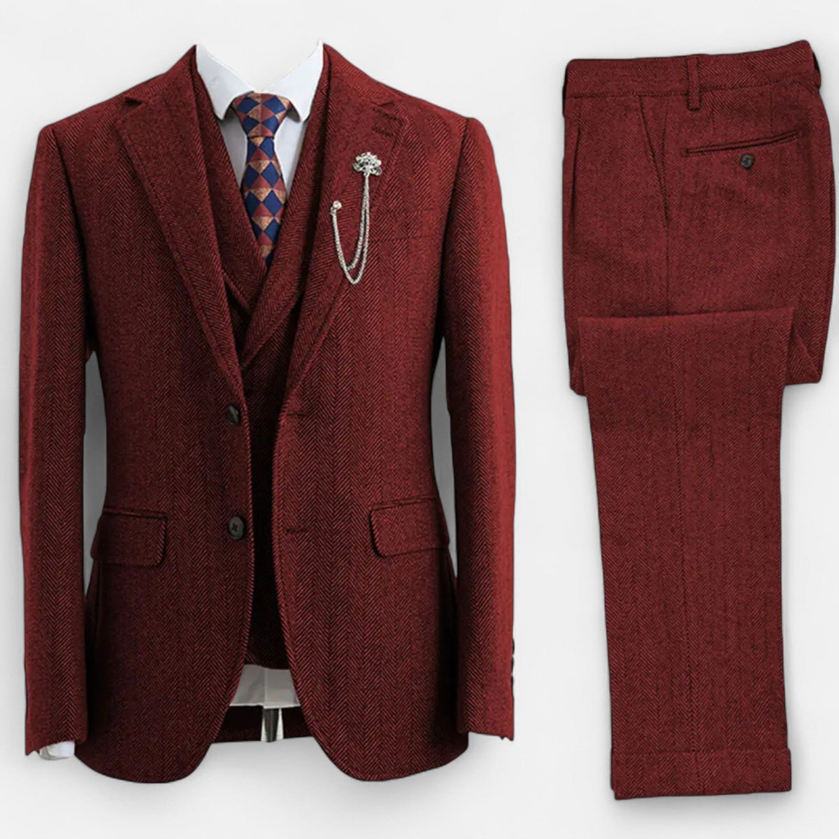 Costume trois pièces homme coupe ajustée avec motif à chevrons et double boutonnage