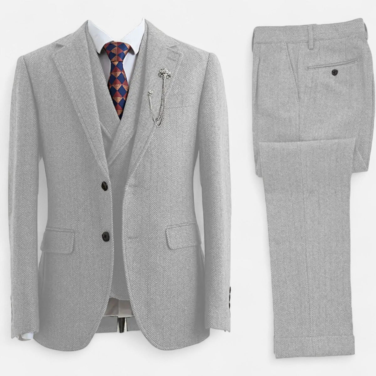 Costume trois pièces homme coupe ajustée avec motif à chevrons et double boutonnage