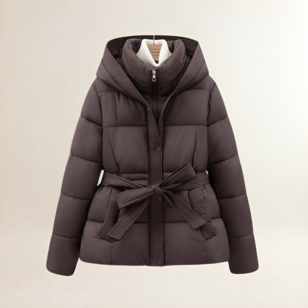Doudoune femme à capuche et ceinture matelassée