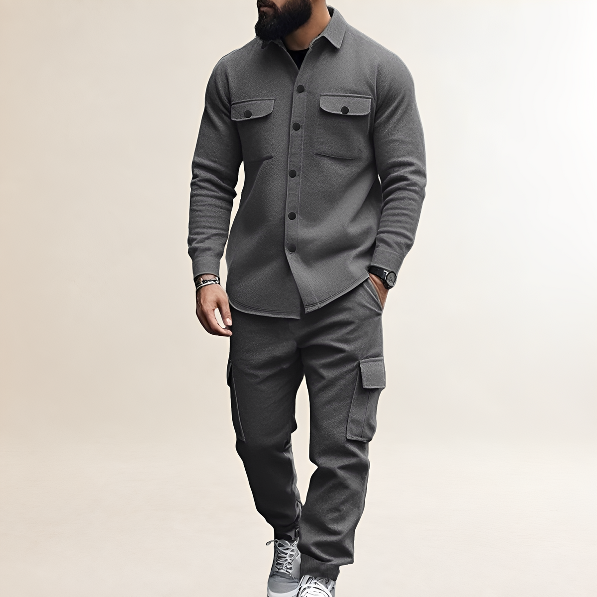 Ensemble cargo pour homme - Veste à boutons avec poches poitrine et pantalon à taille élastique