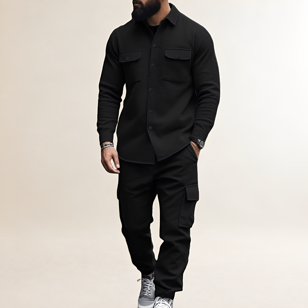 Ensemble cargo pour homme - Veste à boutons avec poches poitrine et pantalon à taille élastique
