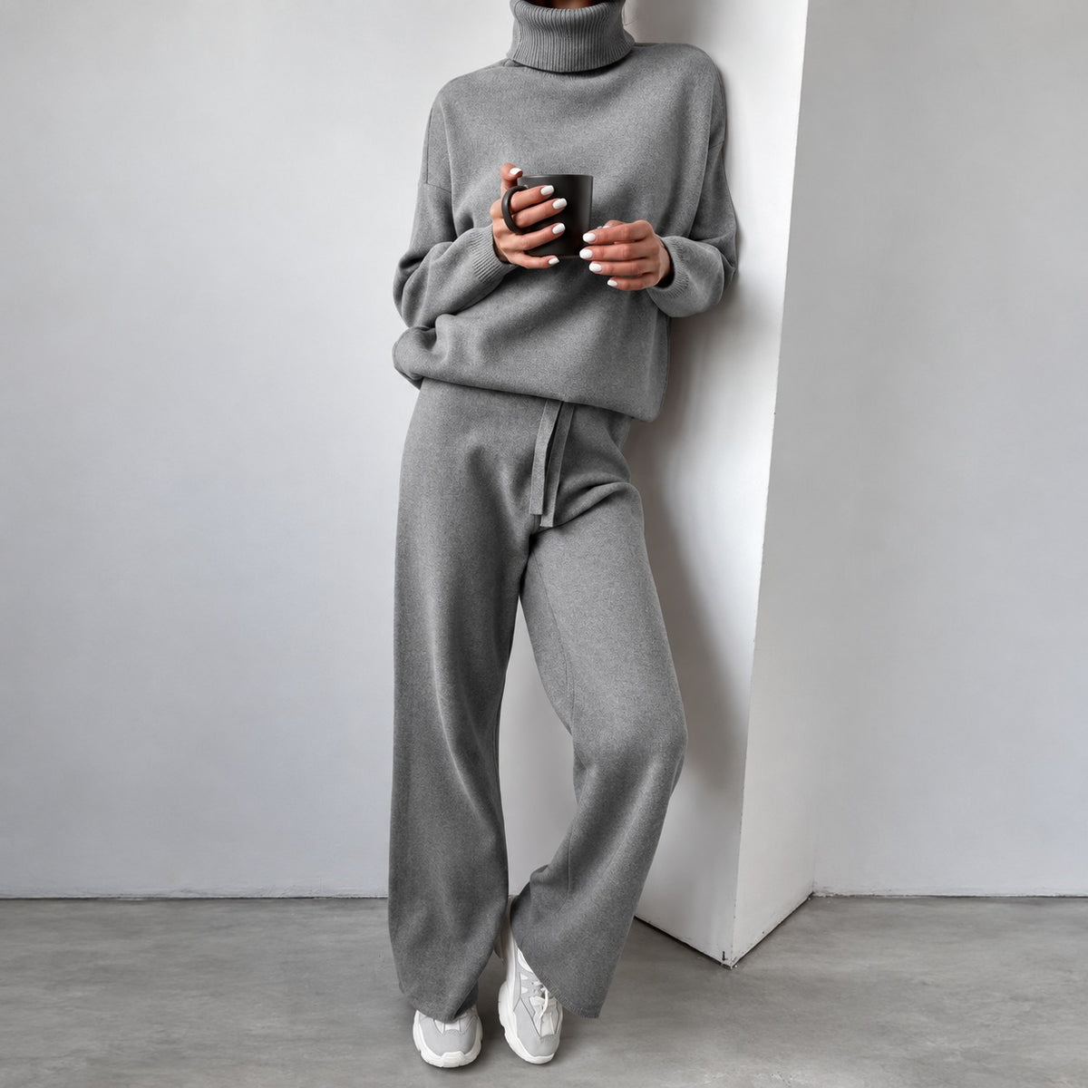 Ensemble décontracté pour femmes pull à col roulé et pantalon à jambes larges