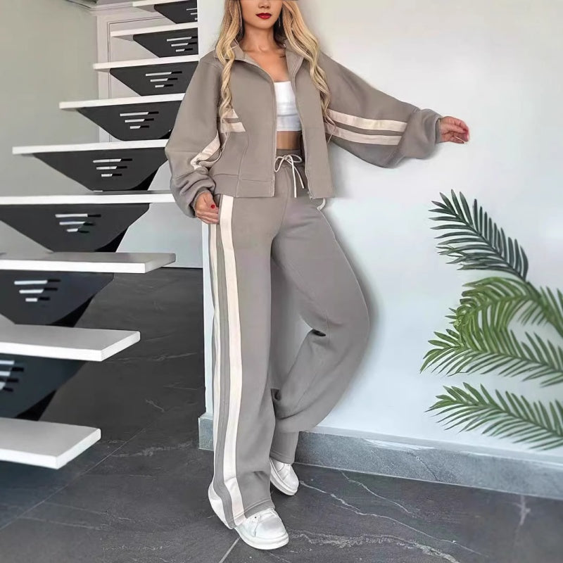 Ensemble deux pièces femme tracksuit à capuche zippée et pantalon large à bandes latérales