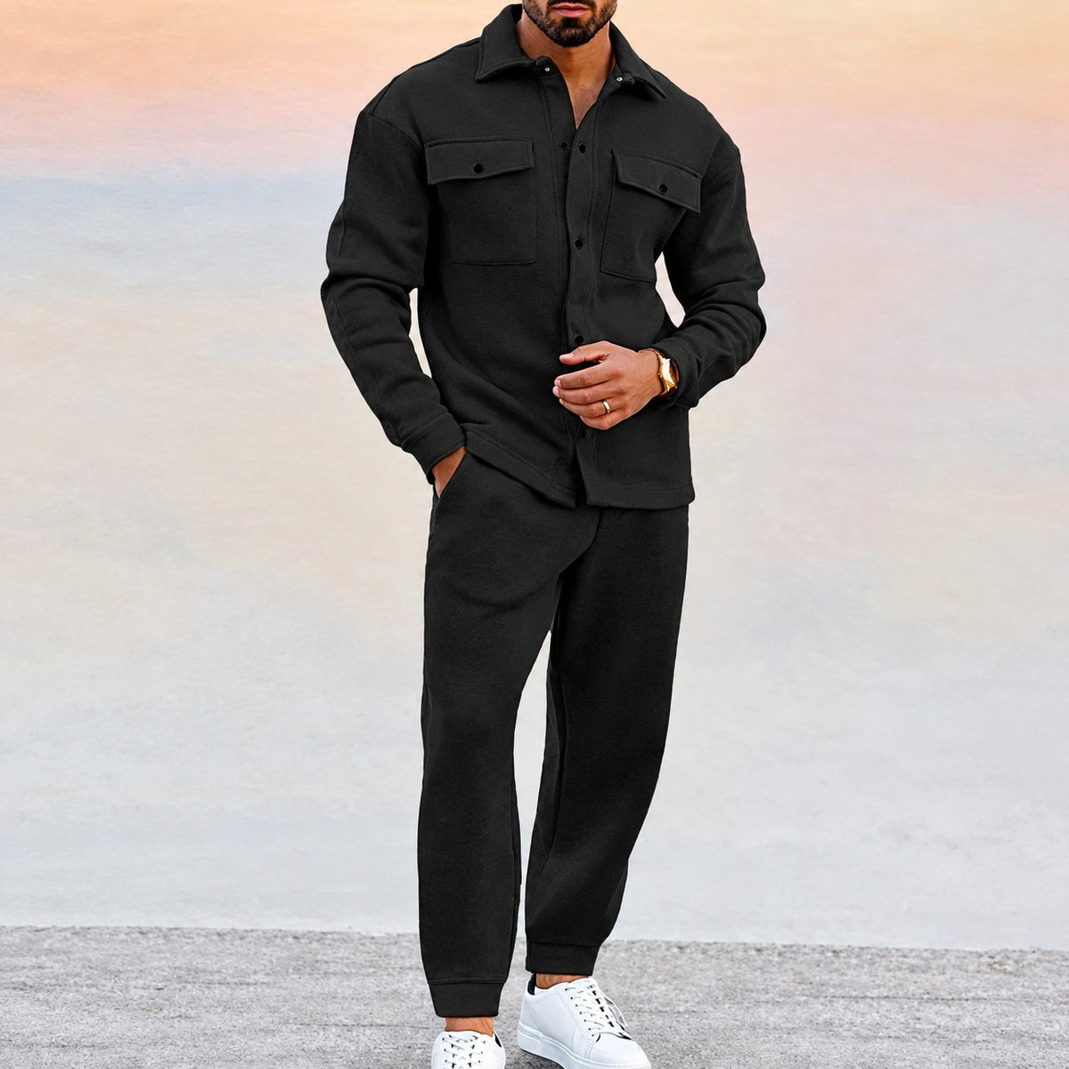 Ensemble sport homme à veste boutonnée avec poches et joggers - coupe décontractée, style actif
