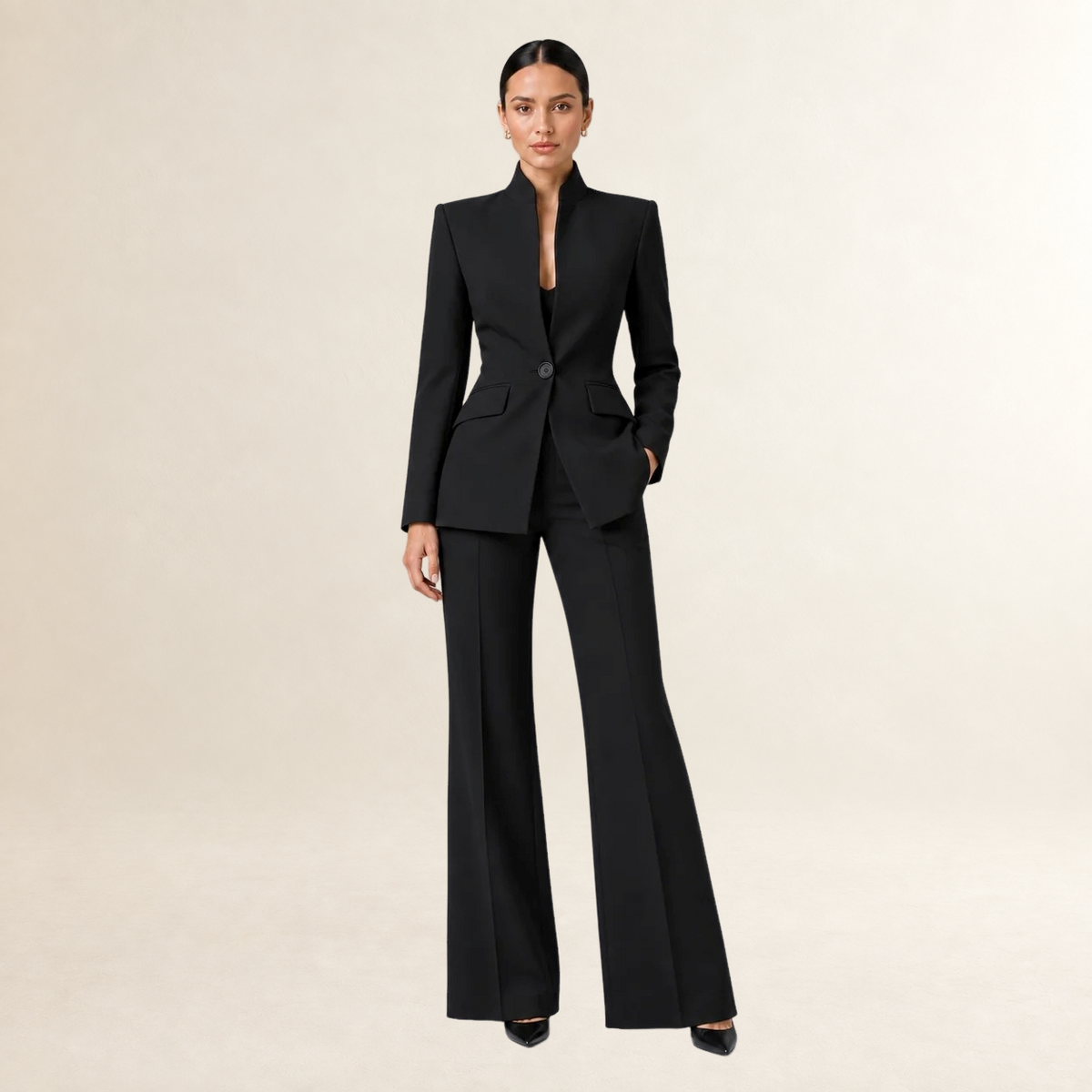Ensemble tailleur femme blazer sans col et pantalon large coupe structurée