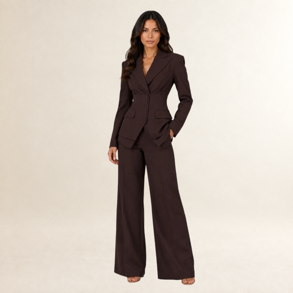 Ensemble tailleur trois pièces femme blazer à double boutonnage, gilet et pantalon large