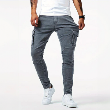 Jeans cargo homme coupe slim stretch avec poches latérales