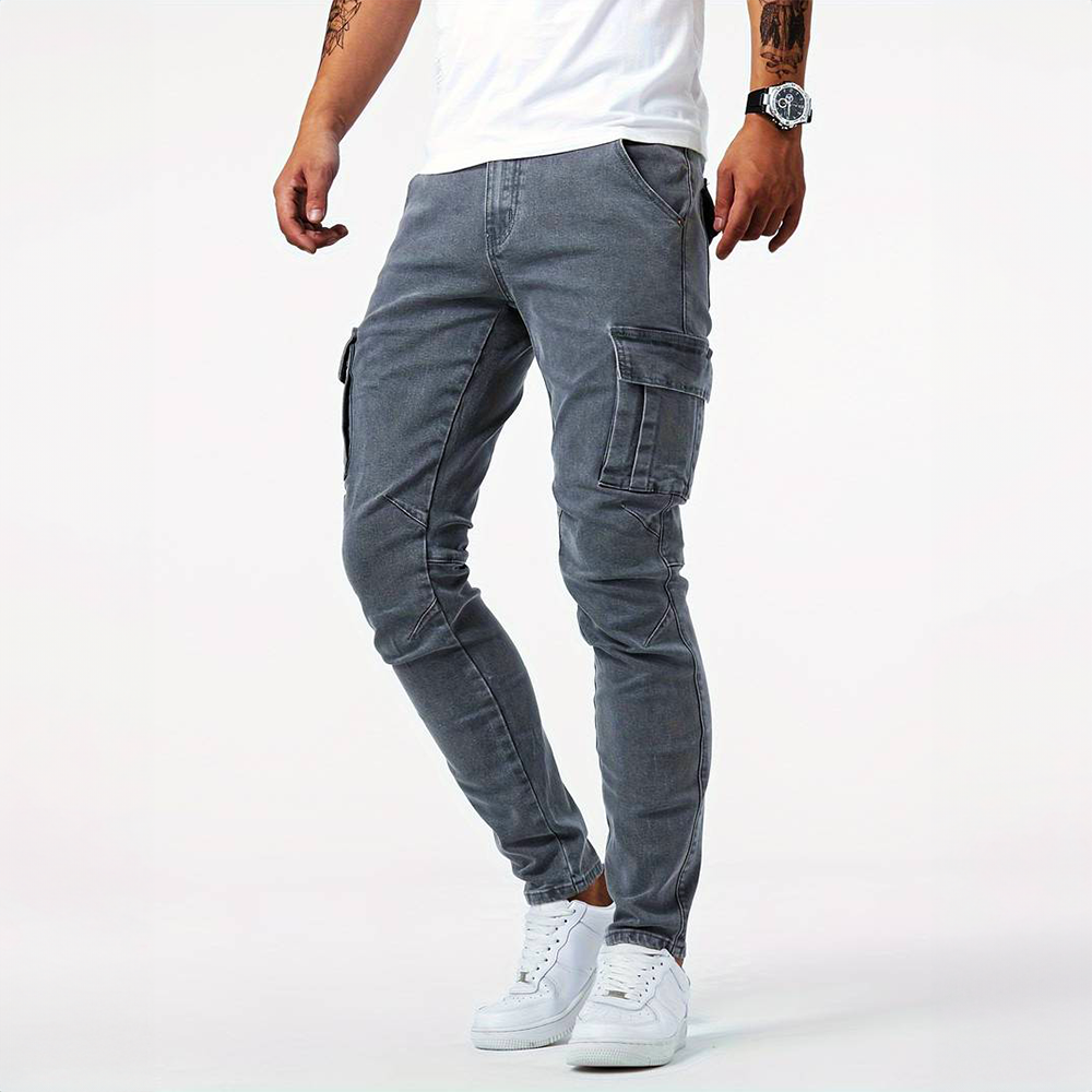 Jeans cargo homme coupe slim stretch avec poches latérales
