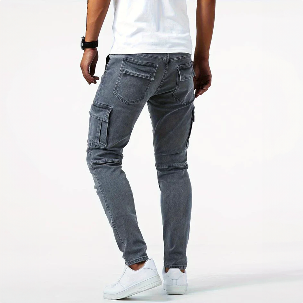 Jeans cargo homme coupe slim stretch avec poches latérales