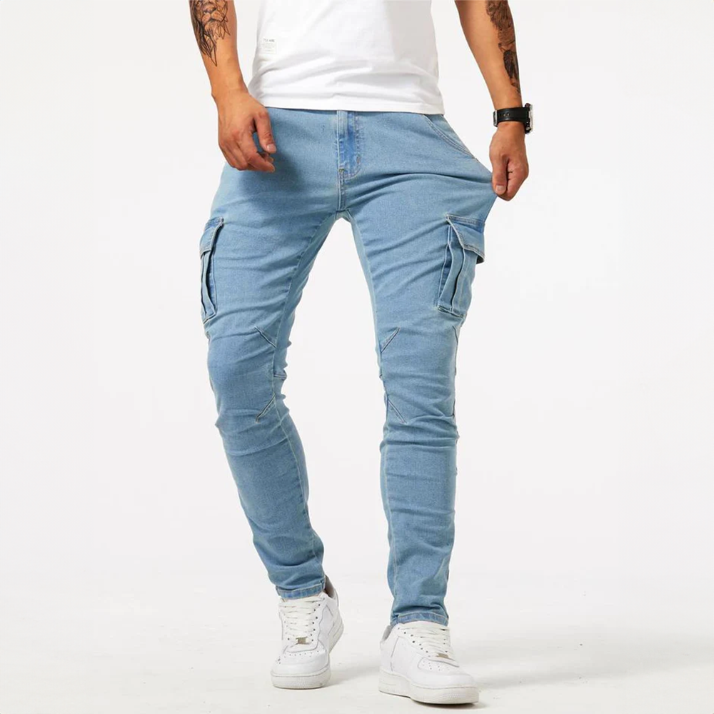 Jeans cargo homme coupe slim stretch avec poches latérales