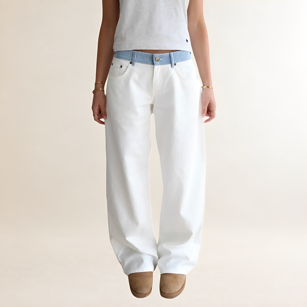 Jeans femme coupe large ceinture contrastée